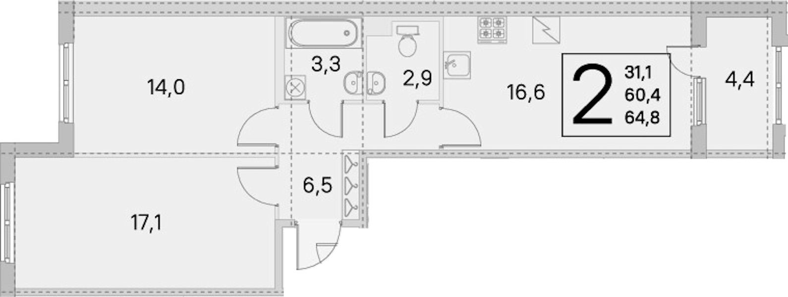 2-комнатная квартира 60.4 м², 1/5 эт., ЖК «ЮгТаун. Олимпийские кварталы»
